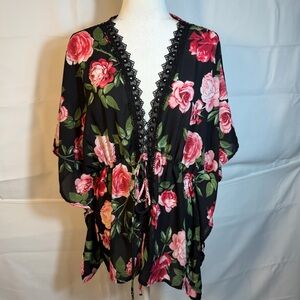Haute Project Los Angeles Duster Womens 2XL Black Floral Cover-Up Wrap Boho Chic